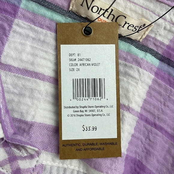 2X // Northcrest NWT Violet Plaid Long Sleeve Button Down Shirt - Picture 7 of 9